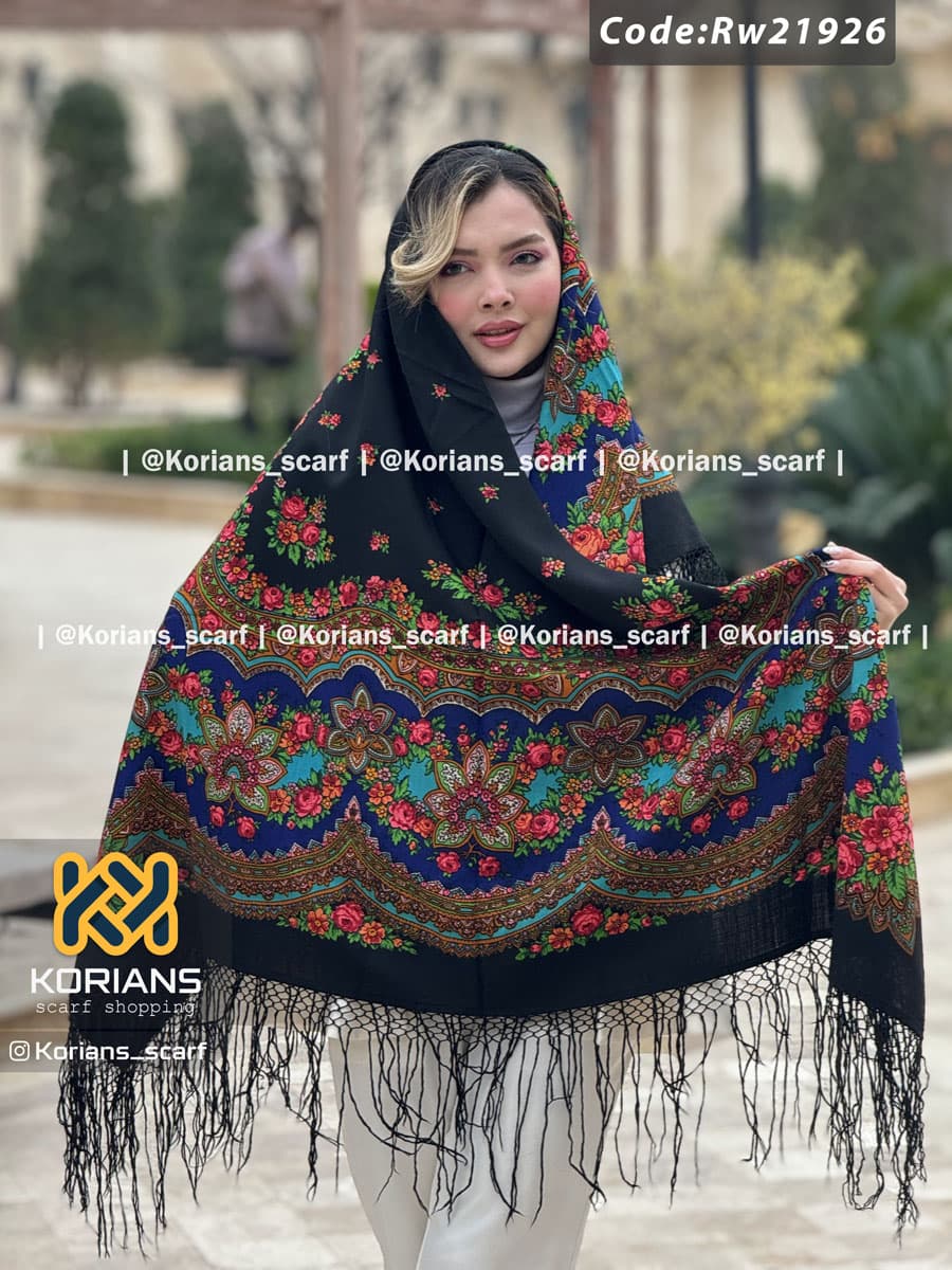 روسری ترکمنی پشمی زمینه مدل ستاره آبی