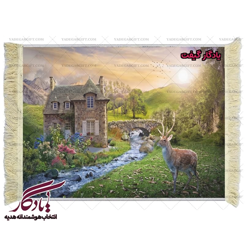 تابلو فرش ماشینی طرح منظره گوزن در غروب دشت کد m189