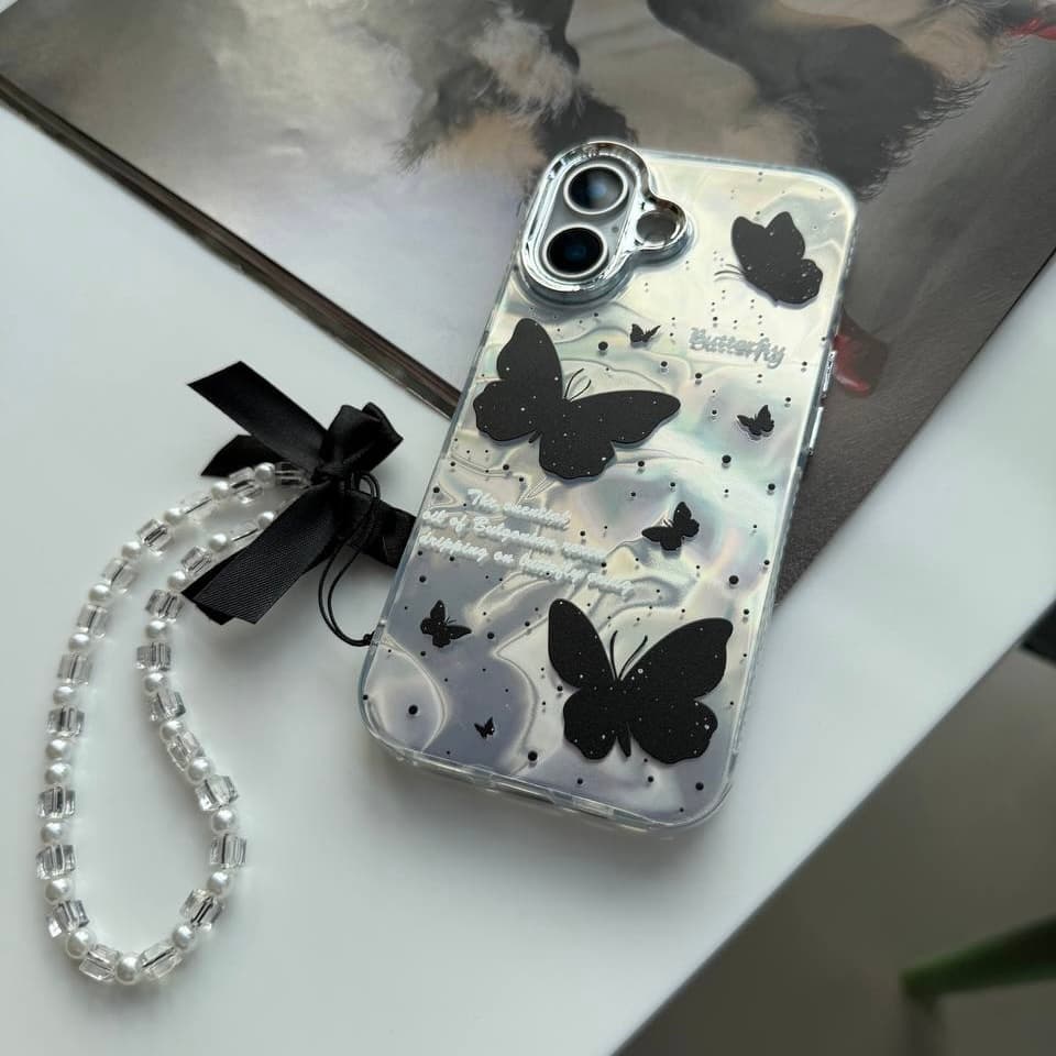 قاب black butterfly همراه با آویز پاپیون مشکی (آیفون)