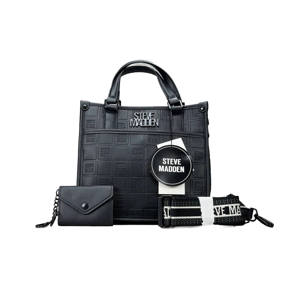 کیف دستی و دوشی اورجینال برند استیو مدن (Steve Madden) | ست کامل با جاکارتی و بند اسپرت لوگودار رنگ مشکی