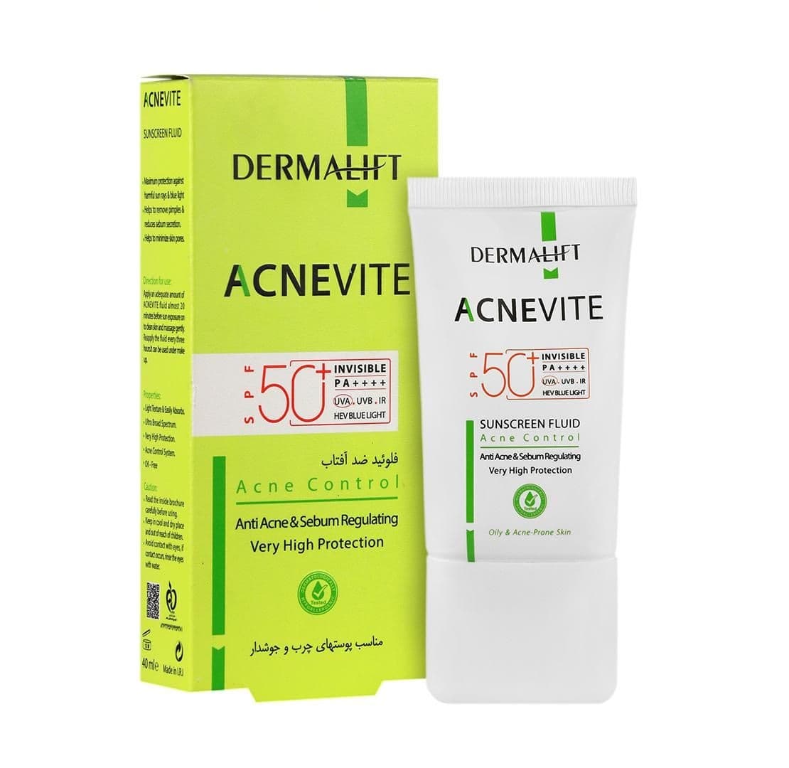 ضد آفتاب فلوئید +SPF50 بی رنگ مناسب پوست چرب آکنویت درمالیفت 40ml