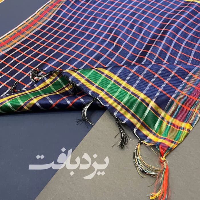 دستمال یزدی ابریشمی چهارخانه آبی سایز بزرگ