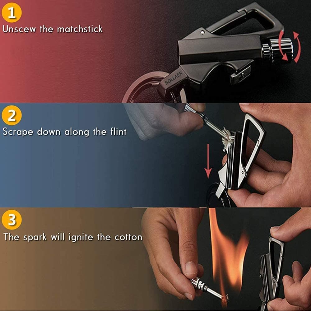 فندک کبریتی دائمی جاکلیدی با قابلیت بازکردن درب بطری AIKENR Matchstick Fire Starter Keychain Bottle Opener — تصویر ۴