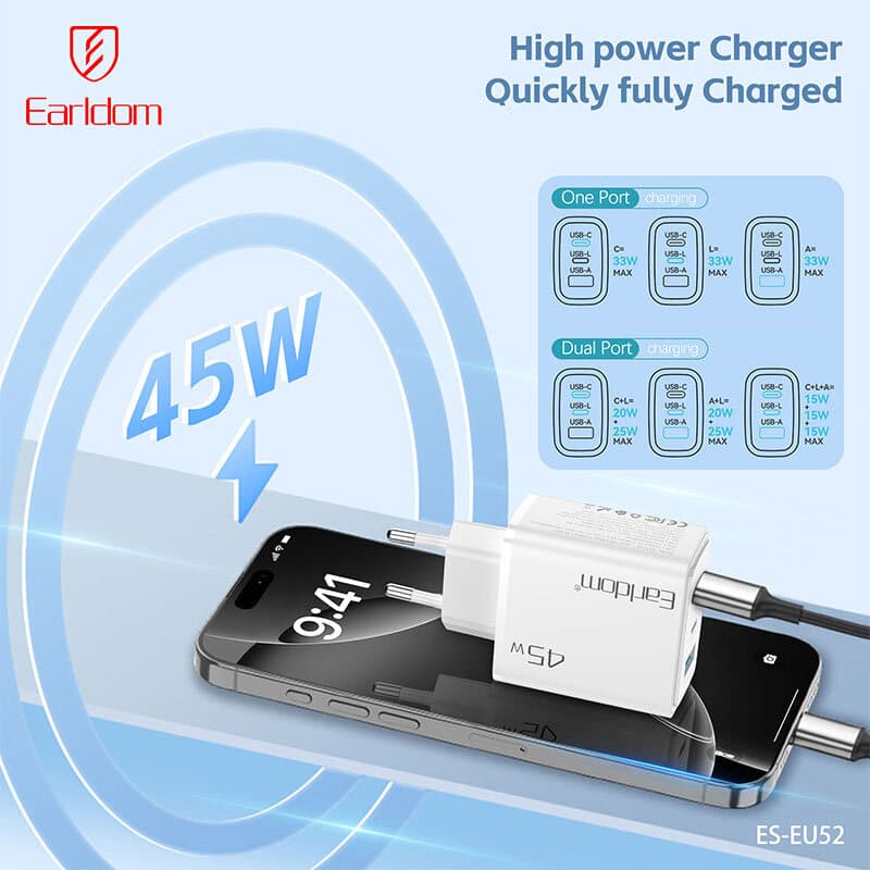 شارژر دیواری 45 وات ارلدام ES-EU52 QC3.0 PD3.0 3A — تصویر ۴
