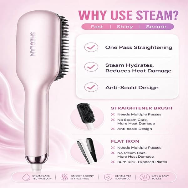 برس حرارتی بخاردار شیگلم مدل Hydra Shot Steam straightening brush Pro وزن 775 گرم با مخزن بخار داخلی و سیستم یونساز — تصویر ۵