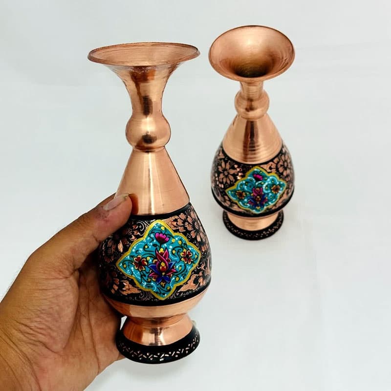 گلدان مسی الماس تراش پرداز دوعددی 20سانتی — تصویر ۶