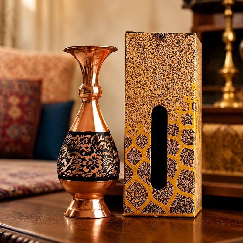گلدان مسی الماس تراش 20 سانتی با جعبه سنتی