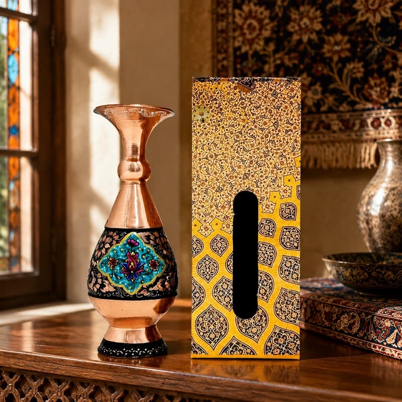 گلدان مسی الماس تراش پرداز 20 سانتی با جعبه سنتی