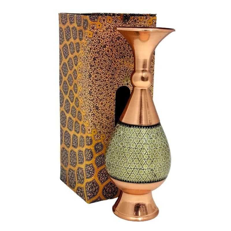 گلدان صراحی مس و خاتم کاری 25 سانت با جعبه سنتی — تصویر ۶