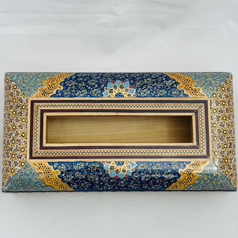 جعبه دستمال کاغذی خاتم کاری تذهیب طرح پره وارو — تصویر ۶