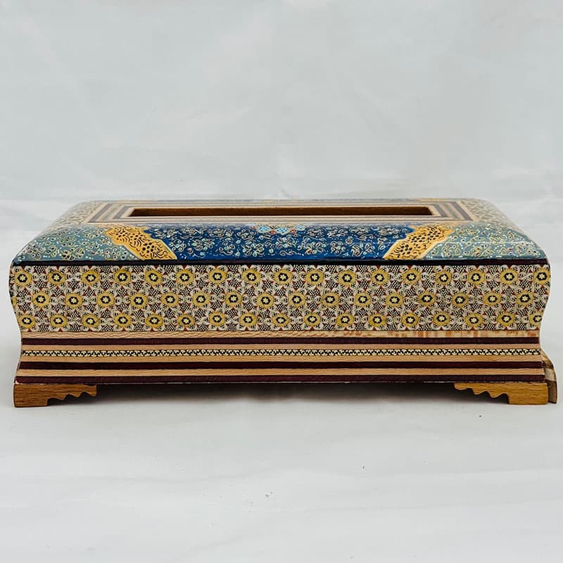 جعبه دستمال کاغذی خاتم کاری تذهیب طرح پره وارو — تصویر ۸