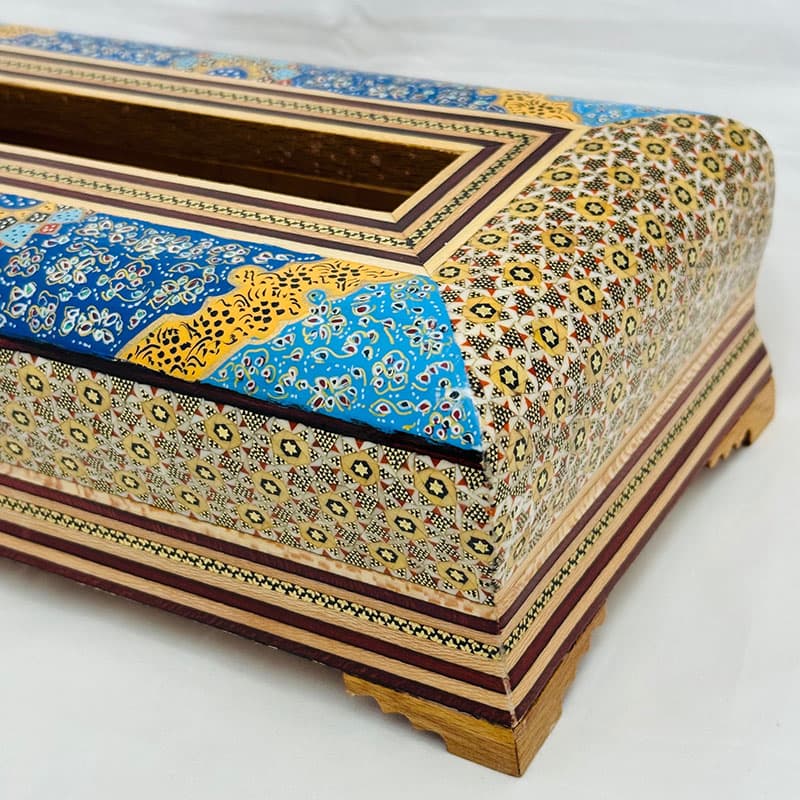 جعبه دستمال کاغذی خاتم کاری تذهیب طرح پره وارو — تصویر ۳