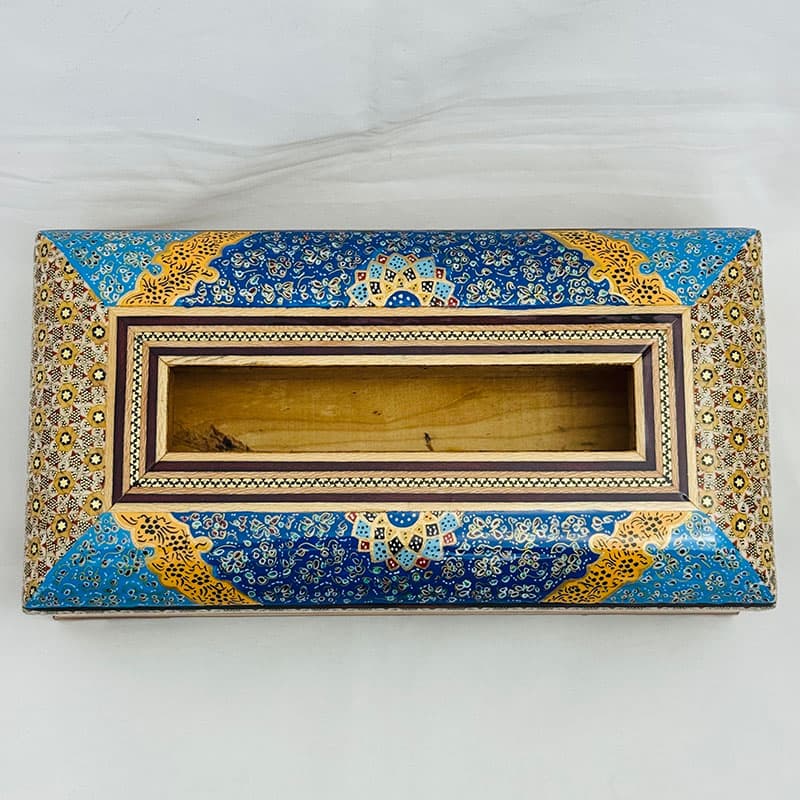 جعبه دستمال کاغذی خاتم کاری تذهیب طرح پره وارو — تصویر ۵