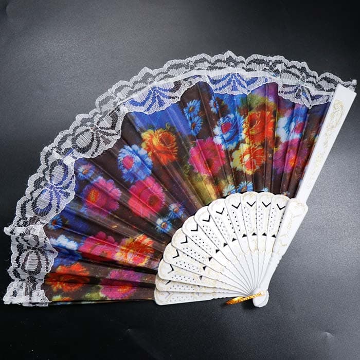بادبزن طرح دار گل گلی مدل لب تور سفید 30356