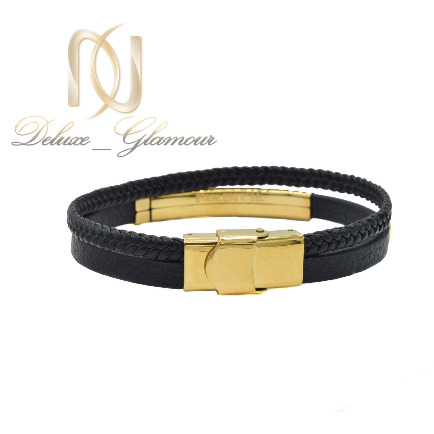 دستبند ROLEX چرم مردانه رویه طلایی دو ردیفه BR-N116 — تصویر ۲