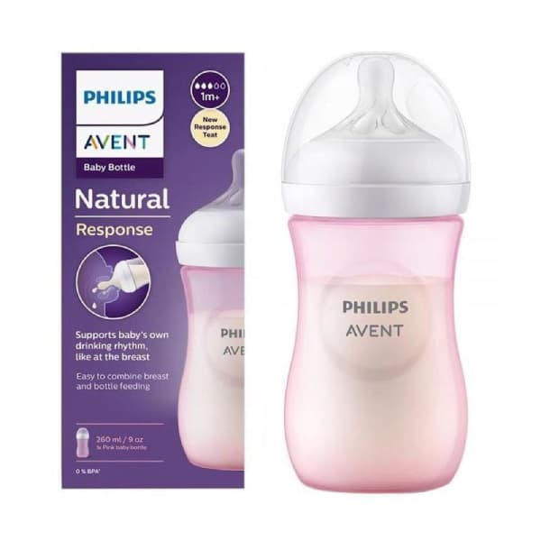 شیشه شیر اونت 260 میل نچرال طلقی صورتی (avent natural)