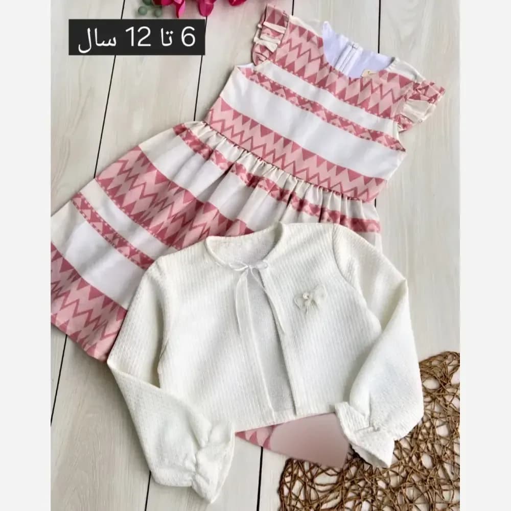 کت و سارافون دخترانه آیسان با کمربند و آستردار، مناسب بهار و تابستان، سایز 6 تا 12 سال — تصویر ۲