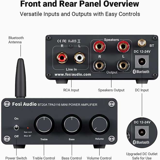 آمپلی فایر رومیزی استریو بلوتوث تقویت کننده 200 وات Fosi Audio BT20A — تصویر ۲
