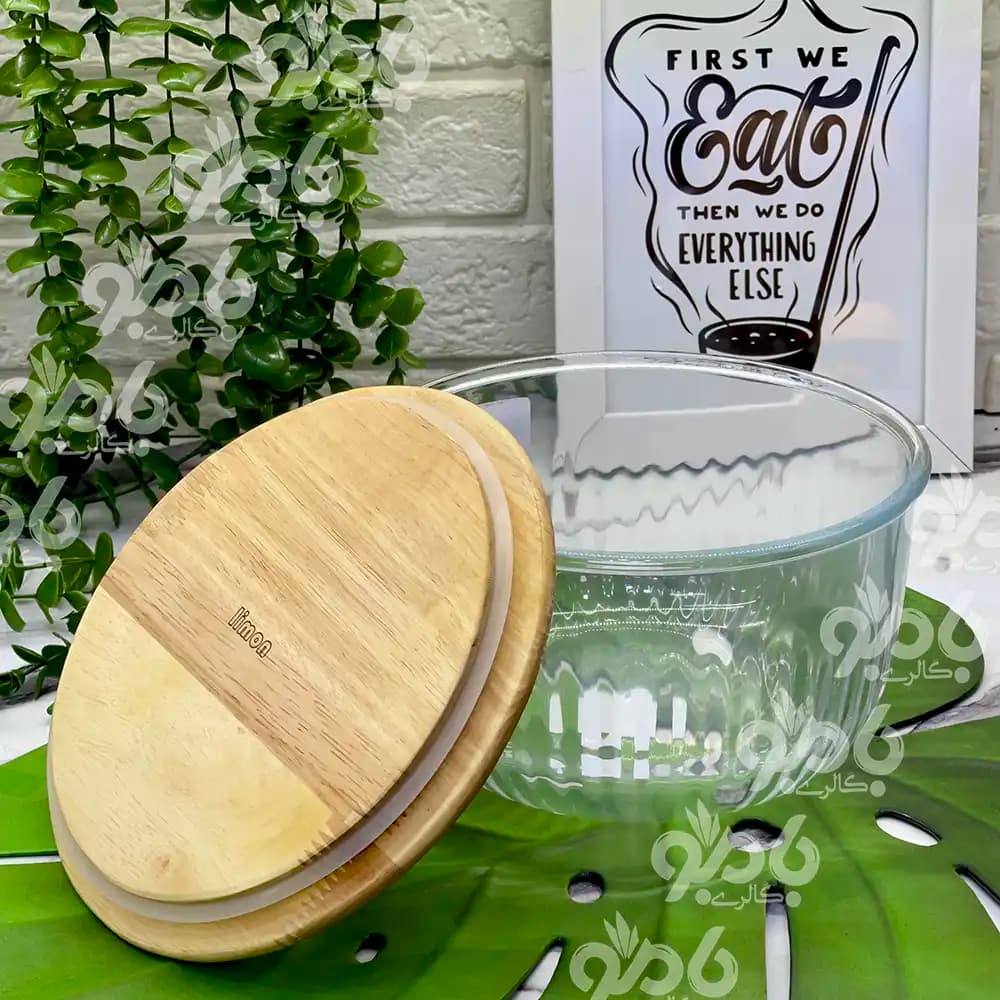 ظرف نگهدارنده شیشه ای گرد درب چوبی لیمون — تصویر ۲