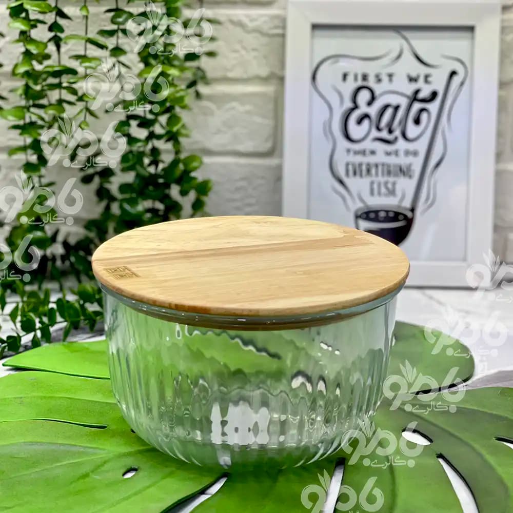 ظرف نگهدارنده شیشه ای گرد درب چوبی لیمون — تصویر ۴