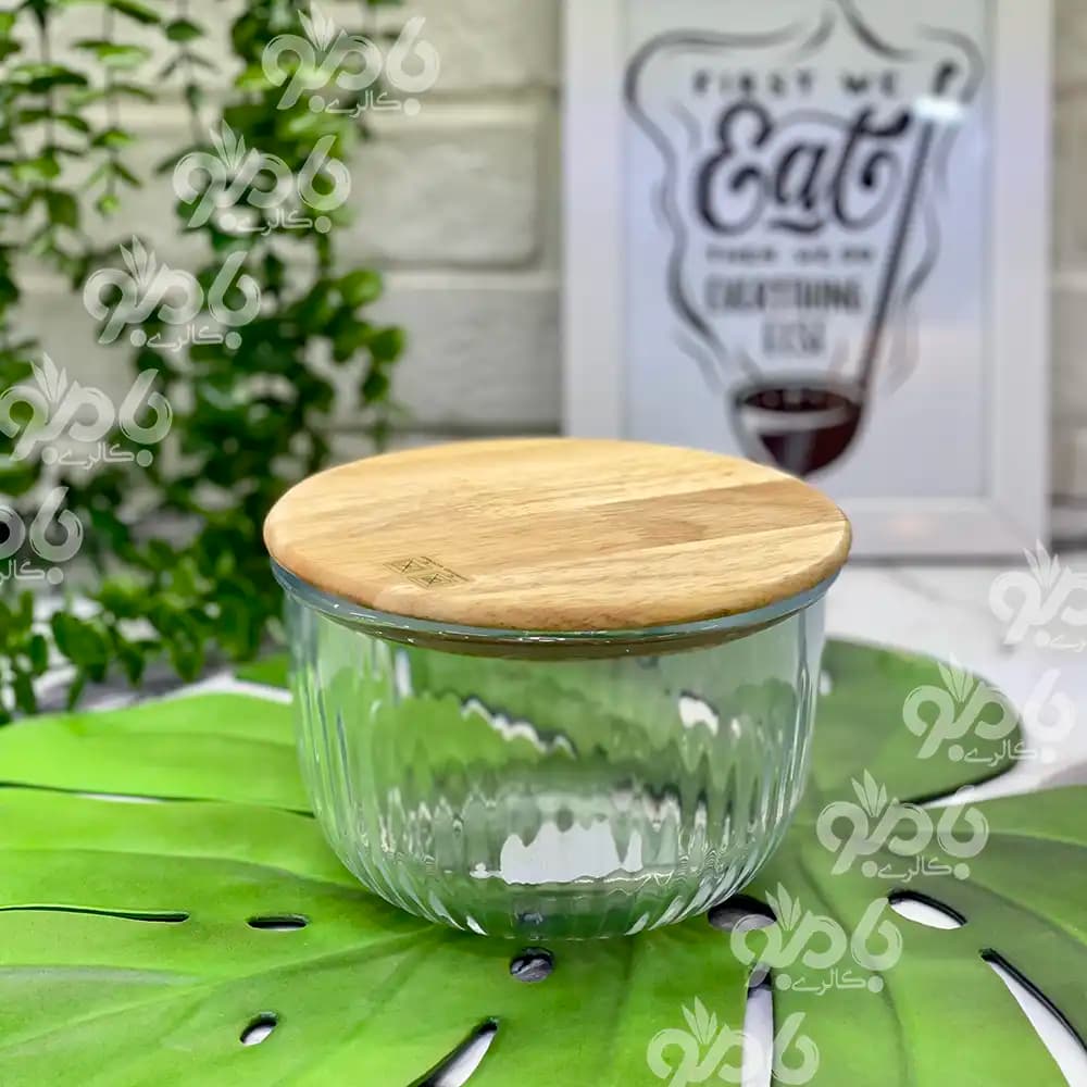 ظرف نگهدارنده شیشه ای گرد درب چوبی لیمون — تصویر ۳