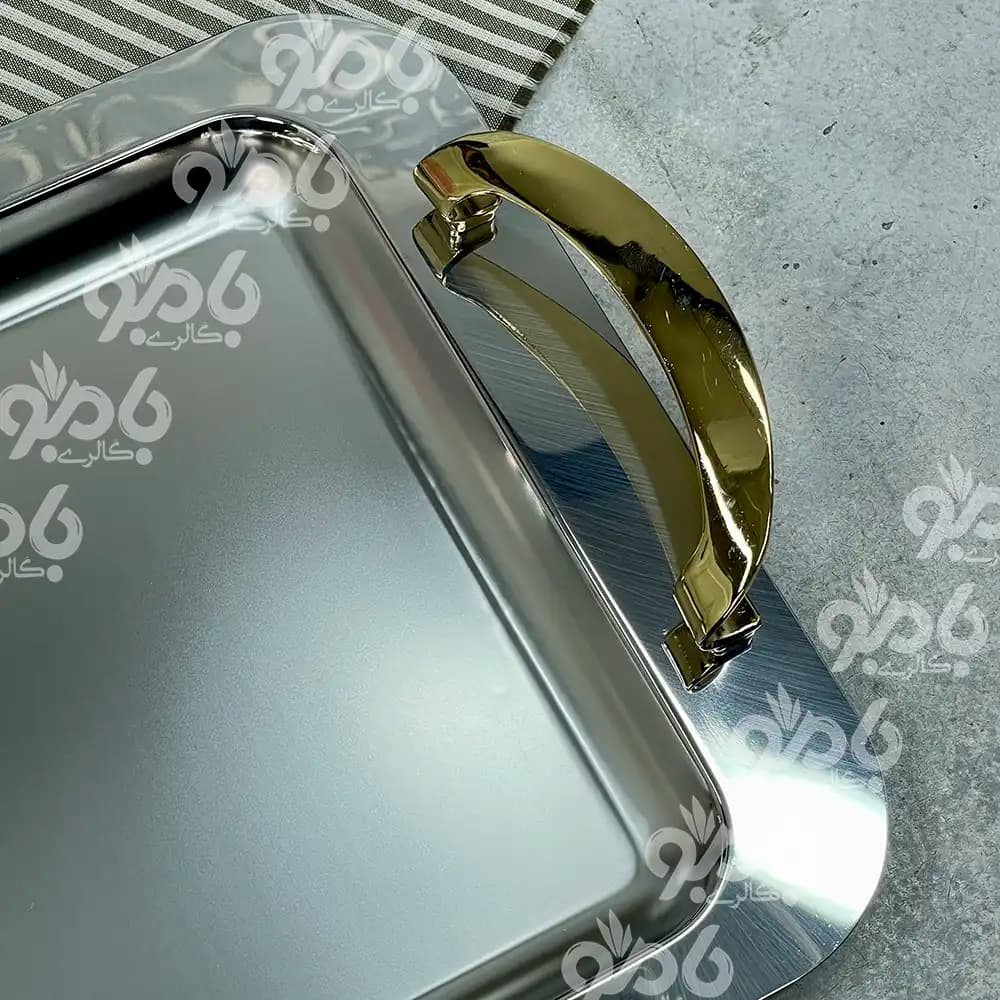 سینی استیل جفتی فریکوک مستطیل سیلور دسته طلا کد0182 — تصویر ۲