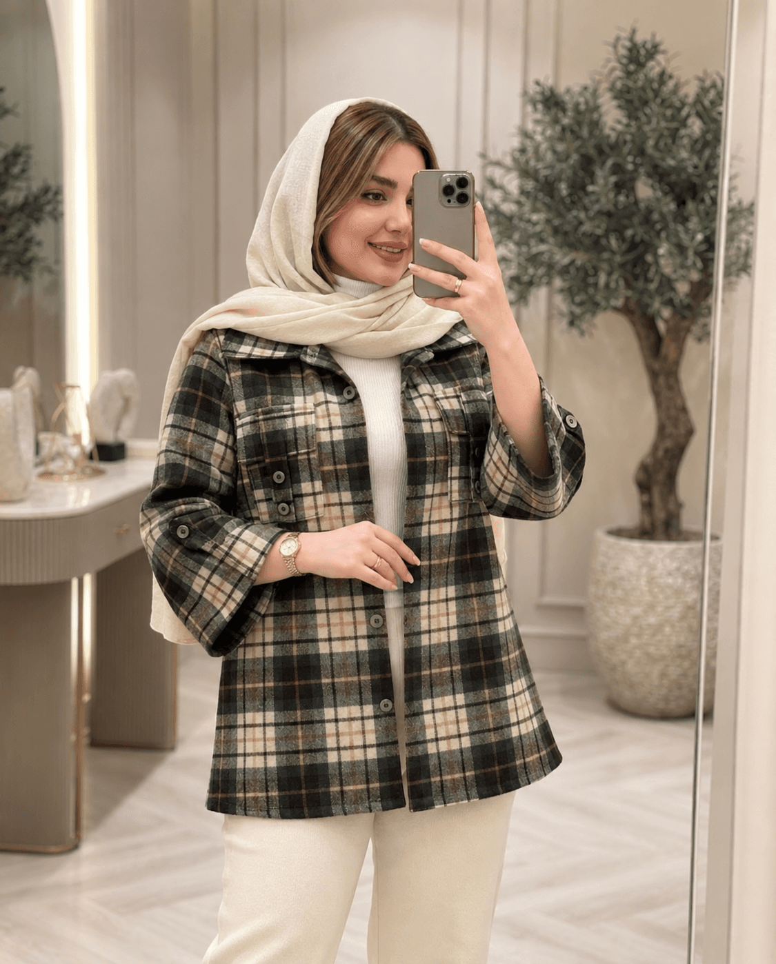 مانتو باکسی پشمی چهاخونه موهر دار