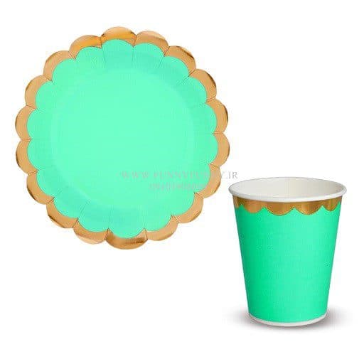 لیوان و بشقاب کاغذی طلاکوب فیروزه ای