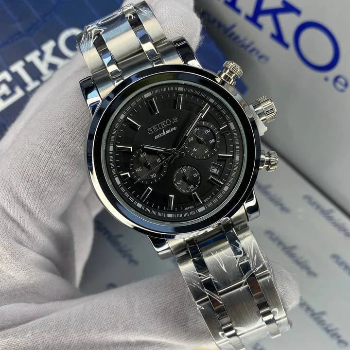 ساعت سیکو مردانه سه موتوره سیکو اکسکلوسیو مدل 3155 رنگ نقره ای صفحه مشکی