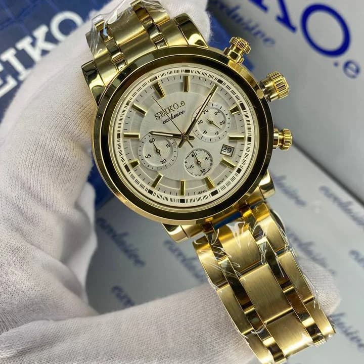 ساعت سیکو مردانه سه موتوره سیکو اکسکلوسیو مدل 3155 رنگ طلایی صفحه سفید