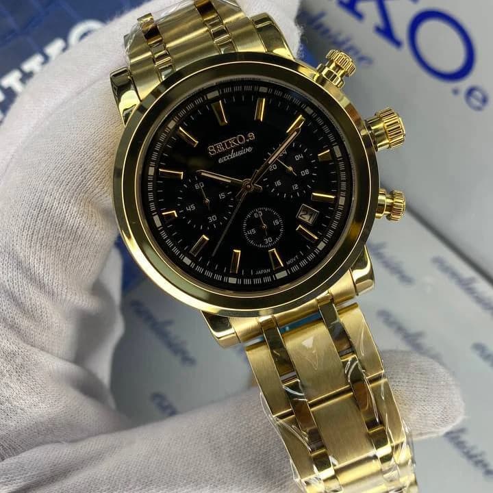 ساعت سیکو مردانه سه موتوره سیکو اکسکلوسیو مدل 3155 رنگ طلایی صفحه مشکی