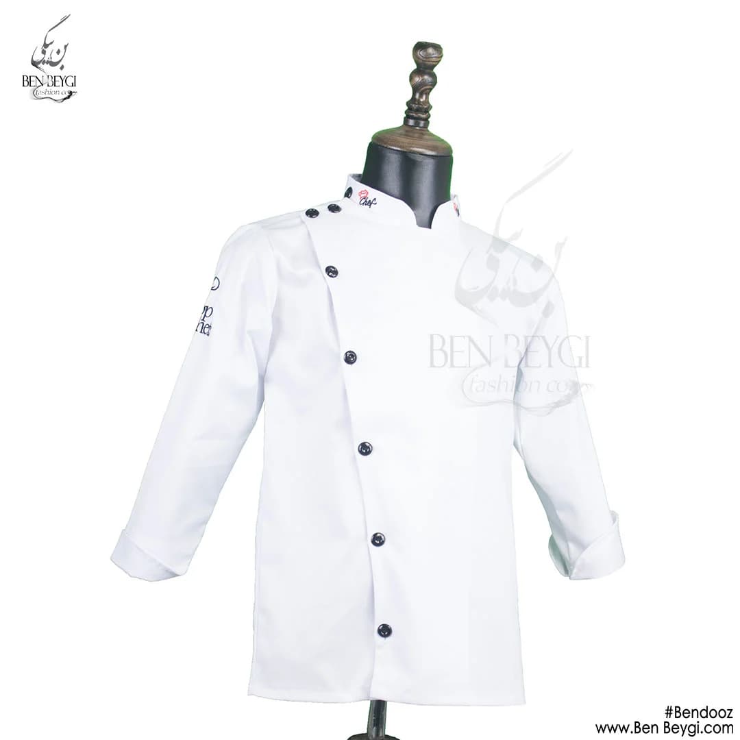 پیراهن آشپزی پارچه کجراه شف رنگ سفید یقه ایستاده 8 دکمه کد 8078-IR