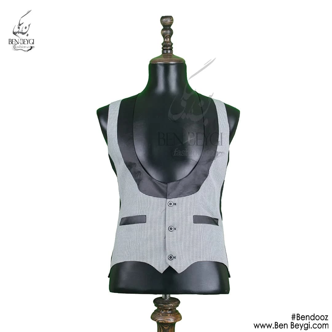جلیقه طرحدار مردانه پارچه فاستونی رنگ طوسی خرجکار مشکی کد 7897