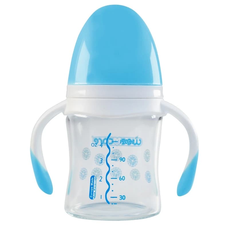 شیشه شیر وی کر مدل پیرکس دسته دار دهانه عریض سایز 1 مناسب کودکان تا 6 ماه، کد B310 حجم 120 میلی لیتر — تصویر ۴