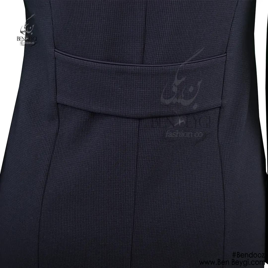 مانتو شلوار اداری بادمجانی یقه گرد مغزی دوزی جیب دار پارچه بزیاق کد 7485 — تصویر ۴