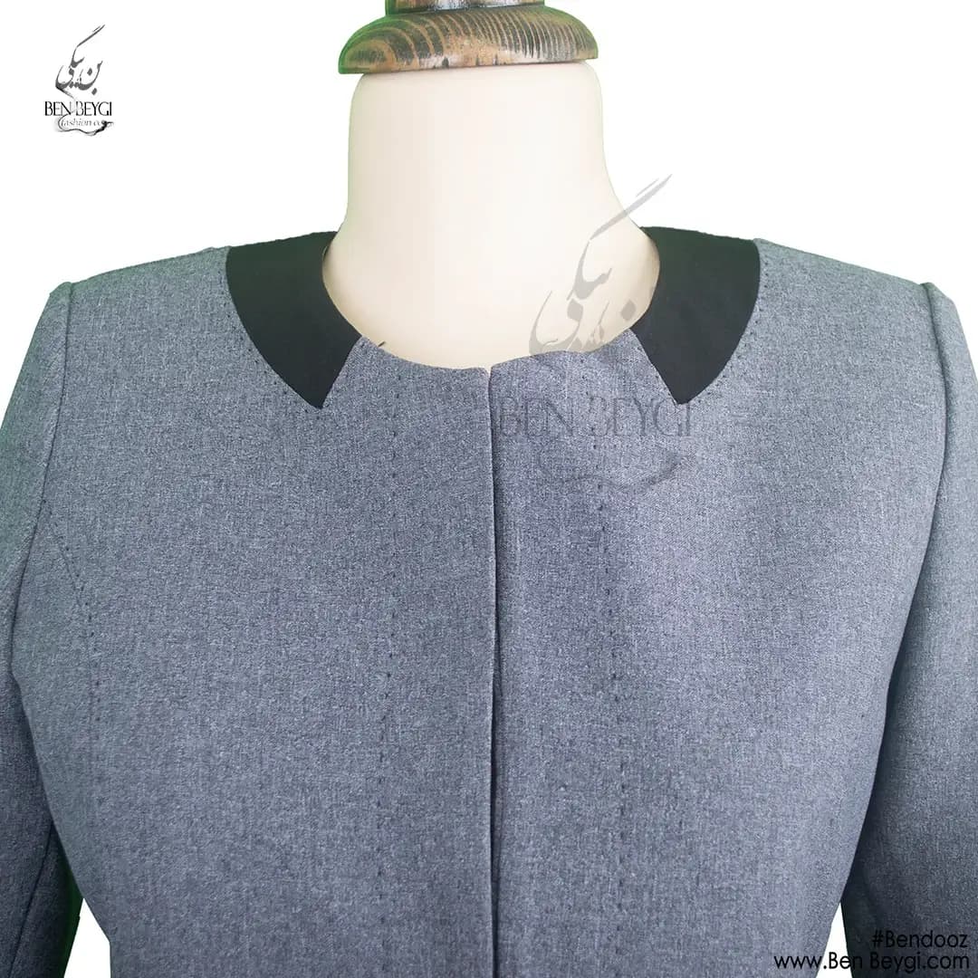مانتو اداری طوسی مشکی یقه گرد بانتودوزی پارچه فیونا کد 7297 — تصویر ۳