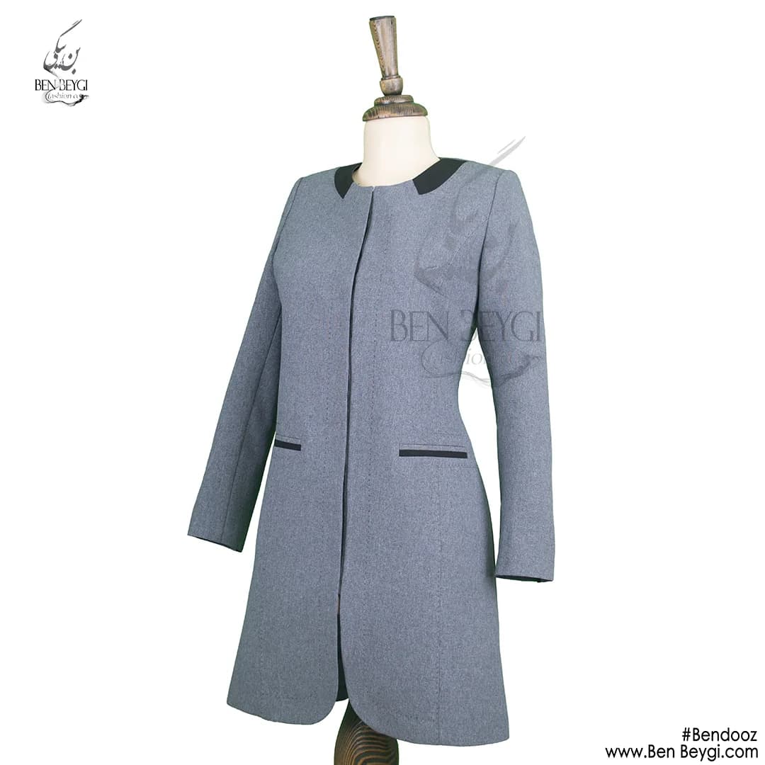 مانتو اداری طوسی مشکی یقه گرد بانتودوزی پارچه فیونا کد 7297
