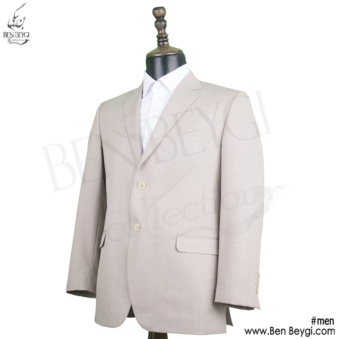 کت و شلوار مردانه اداری پارچه فاستونی طرح سنجاقی رنگ کرم بانتودوزی یقه انگلیسی کد 5500