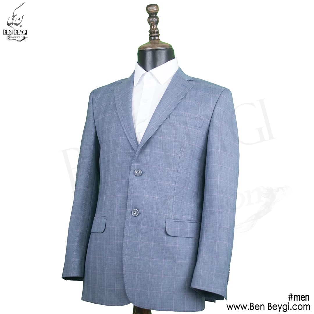 کت و شلوار مردانه اداری پارچه فاستونی طرح چهارخانه رنگ آبی یقه انگلیسی کد 5388