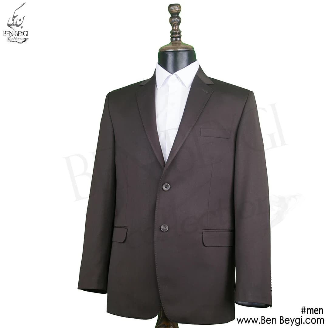 کت و شلوار مردانه اداری پارچه فاستونی طرح ساده رنگ قهوه ای بانتو دوزی یقه انگلیسی کد 5384