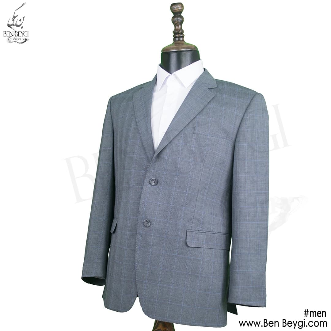 کت و شلوار مردانه اداری پارچه فاستونی طرح چهارخانه رنگ طوسی آبی یقه انگلیسی کد 5378