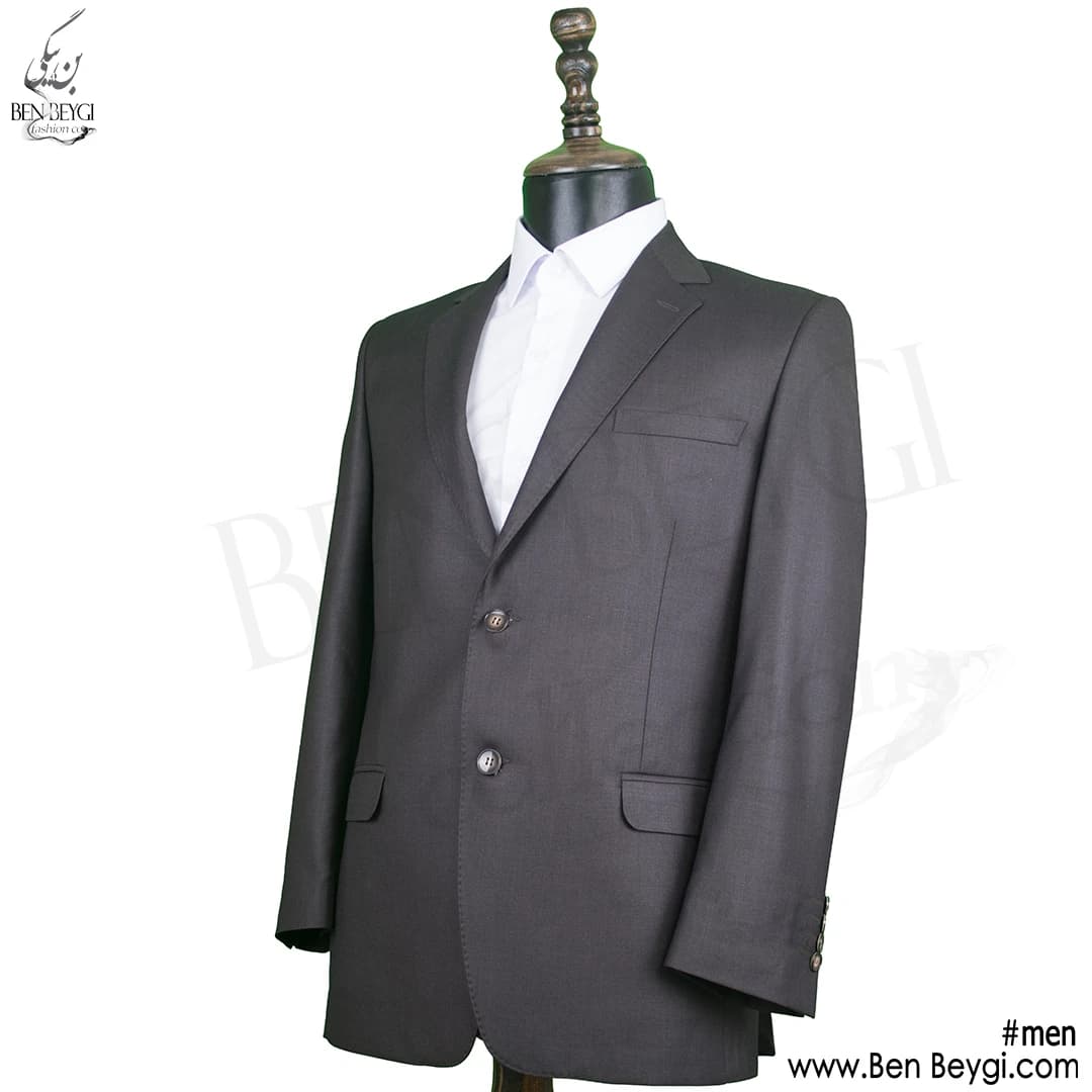 کت و شلوار مردانه اداری پارچه فاستونی رنگ قهوه ای طرح ساده بانتو دوزی یقه انگلیسی کد 5372