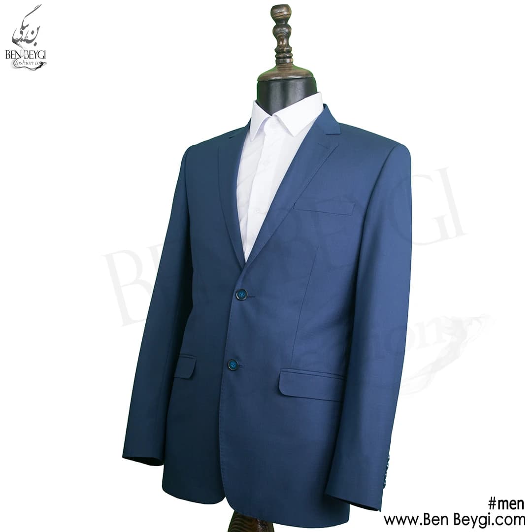 کت و شلوار مردانه اداری پارچه فاستونی طرحدار رنگ آبی بانتو دوزی یقه انگلیسی کد 5370