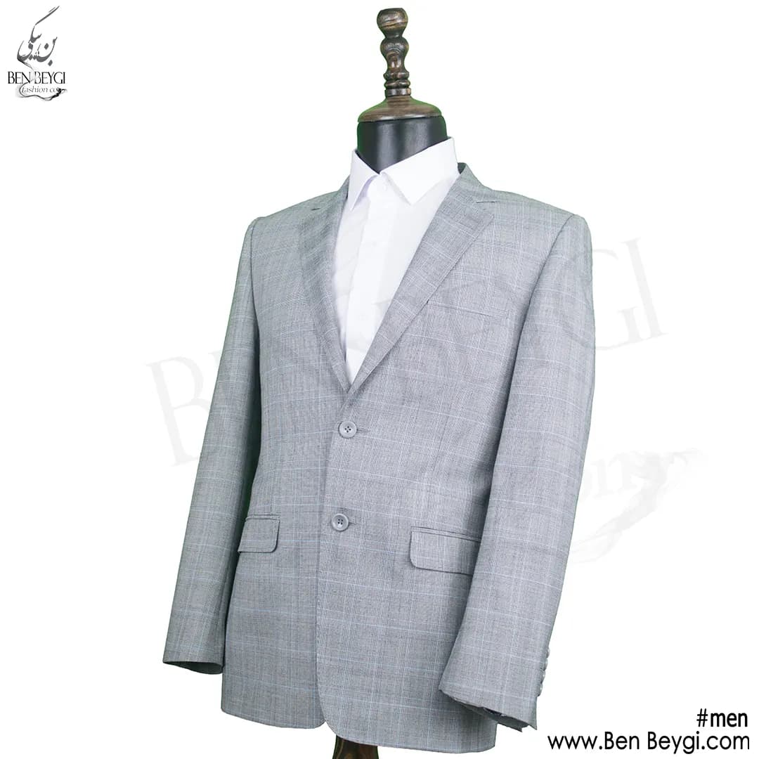 کت و شلوار اداری مردانه پارچه فاستونی رنگ طوسی طرح چهارخانه خط آبی یقه انگلیسی کد 5366