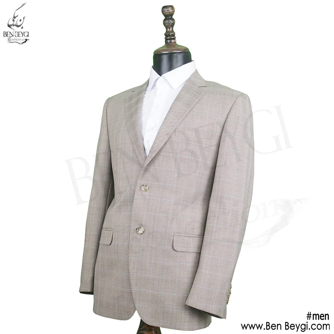 کت و شلوار اداری مردانه پارچه فاستونی رنگ کرم طرح چهارخانه خط آبی یقه انگلیسی کد 5362