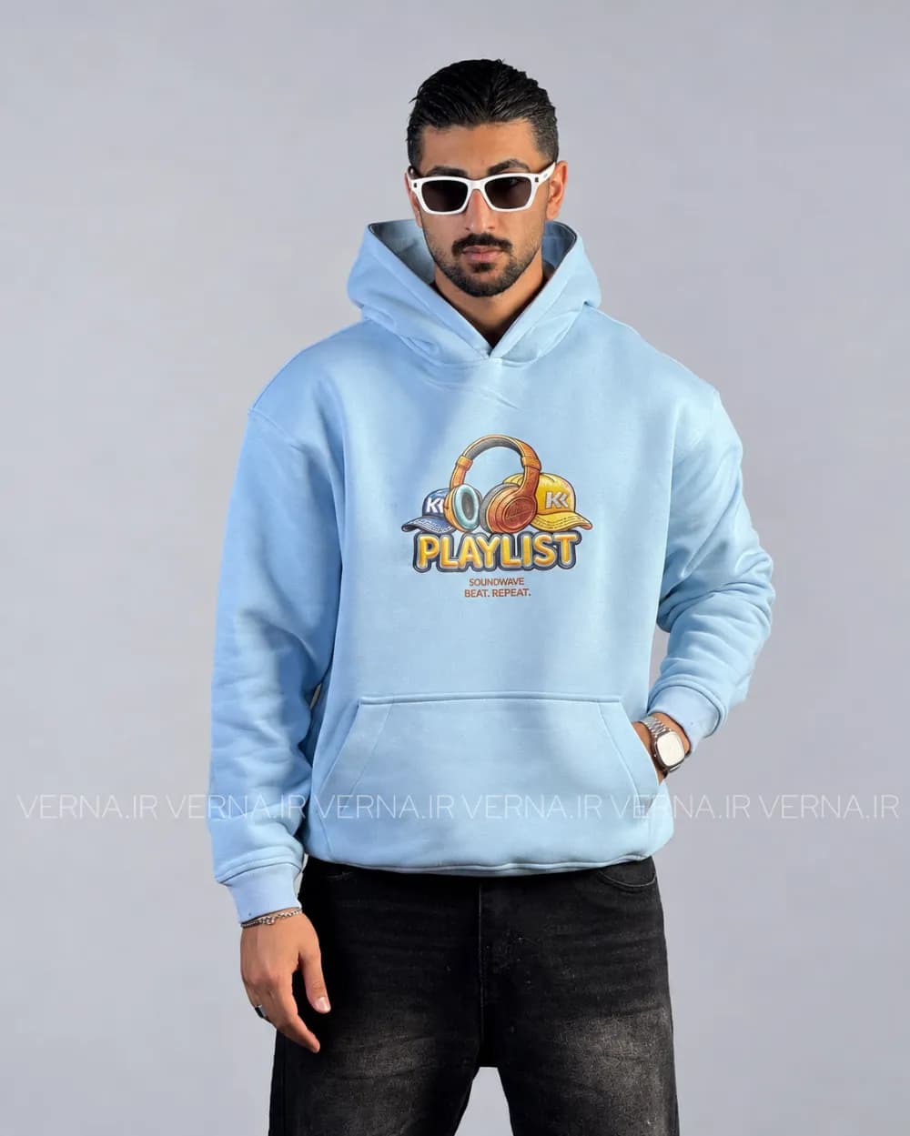 هودی باکسی مردانه چاپ برجسته PLAYLIST-VR