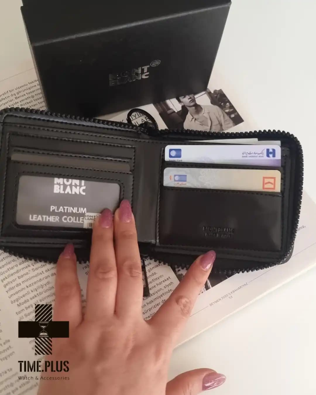 کیف پول مشکی براق مون بلان جیبی زیپ دار — تصویر ۵