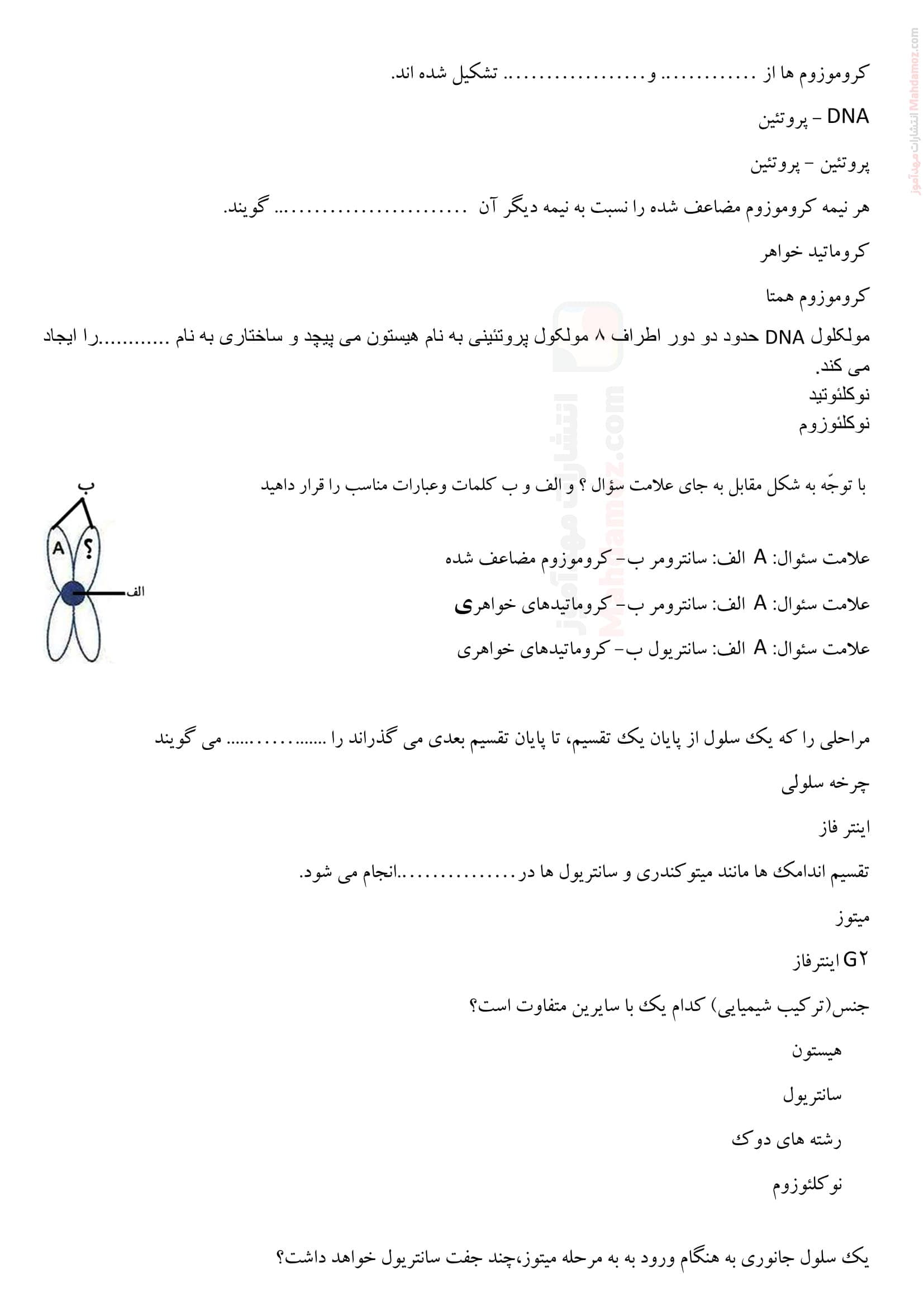 پرسش و پاسخ فصل 6 تقسیم یاخته زیست شناسی ویژه یازدهم متوسطه | با جواب