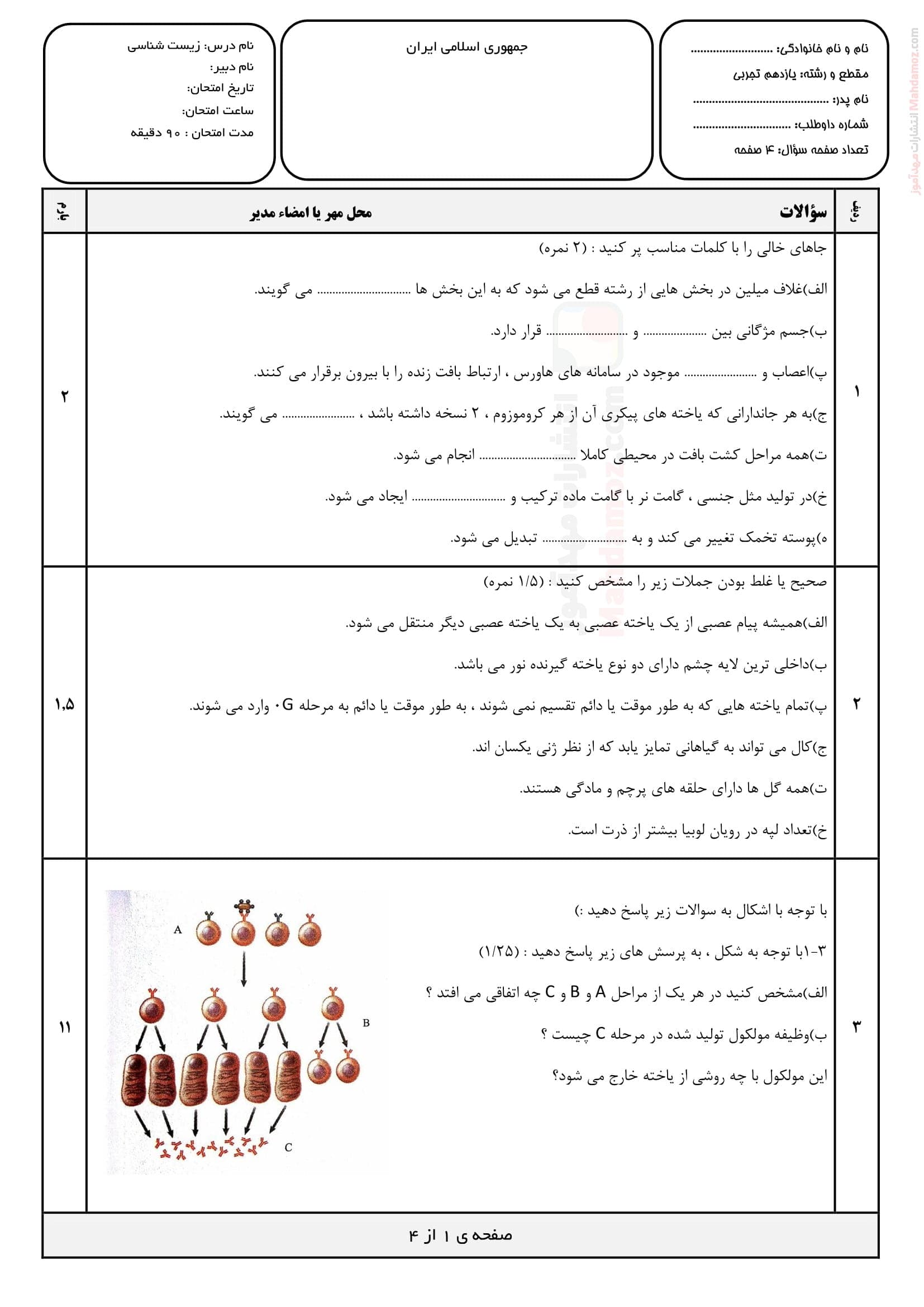 سوال آزمون نهایی زیست شناسی نوبت دوم علوم تجربی یازدهم متوسطه | با جواب