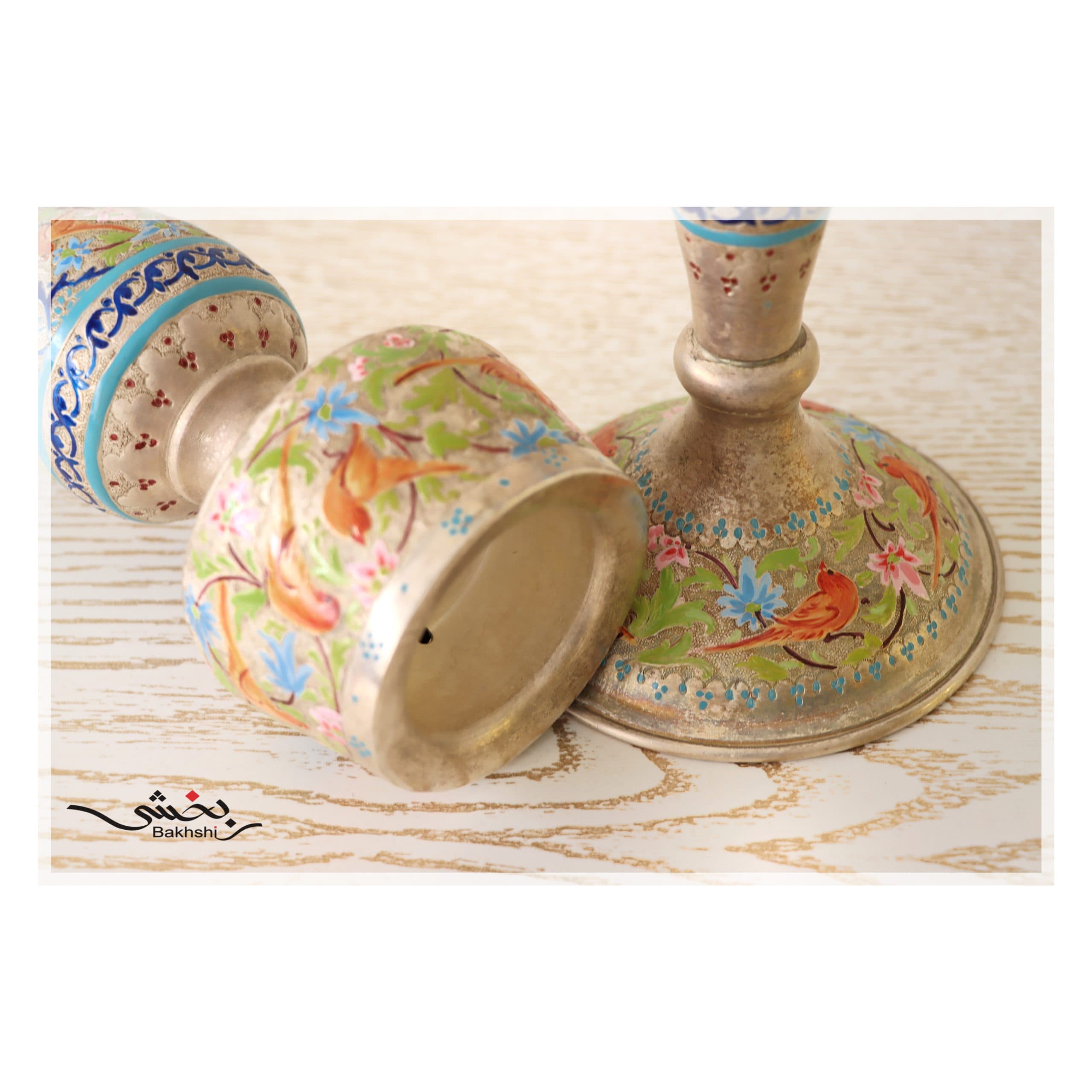 آینه گهواره ای و شمعدان لاله حباب خور قلم مینا کاری اعلا _ عیار 90% _ 2440.4 گرم — تصویر ۴